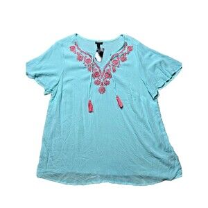 NWT Torrid Embroidered Blouse Women's Plus 1X Teal Blue Crinkle Gauze T-Shirt